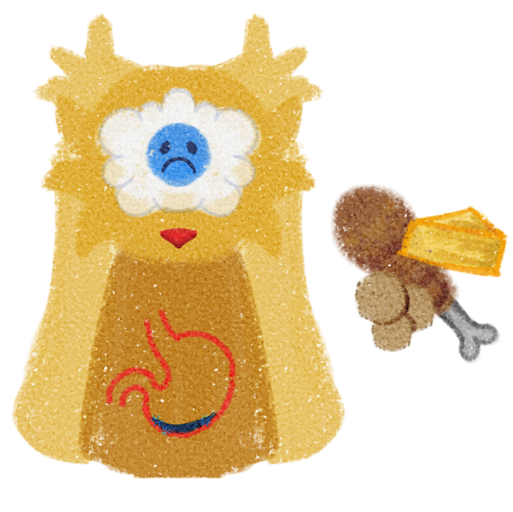 a bunny like creature with a thought cloud on their face featuring a blue sad face. The body is a golden-yellow color with two long floppy ears,there's a stomach drawn on its body that has a blue almost empty liquid. To the right of the character, there is a small assortment of food items, including what looks like a drumstick and triangle of cheese